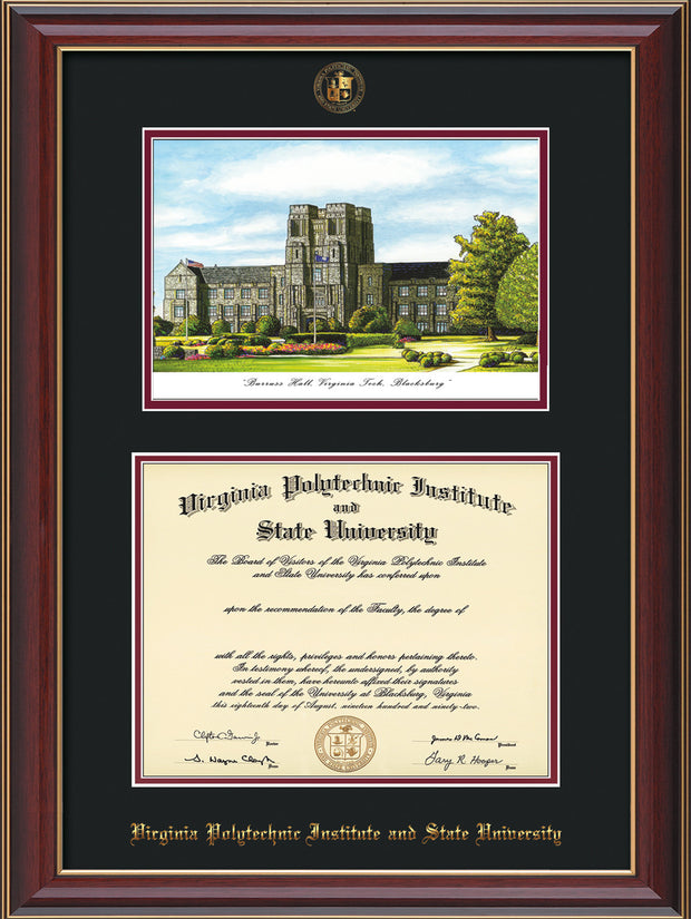 Image of Virginia Tech Diploma Frame - Cherry Lacquer - w/Embossed VT Seal & Name - w/Burruss Hall Campus Watercolor - Black on Maroon mat