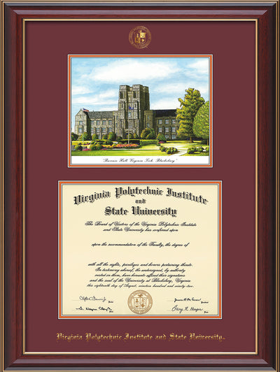 Image of Virginia Tech Diploma Frame - Cherry Lacquer - w/Embossed VT Seal & Name - w/Burruss Hall Campus Watercolor - Maroon on Orange mat
