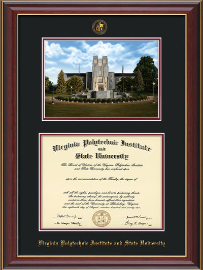 Image of Virginia Tech Diploma Frame - Cherry Lacquer - w/Embossed VT Seal & Name - w/Burruss Memorial Campus Watercolor - Black on Maroon mat