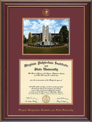 Image of Virginia Tech Diploma Frame - Cherry Lacquer - w/Embossed VT Seal & Name - w/Burruss Memorial Campus Watercolor - Maroon on Orange mat