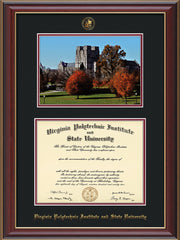 Image of Virginia Tech Diploma Frame - Cherry Lacquer - w/Embossed VT Seal & Name - w/Fall Burruss Campus Watercolor - Black on Maroon mat