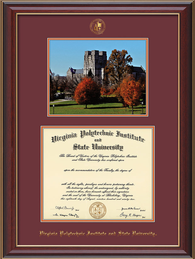 Image of Virginia Tech Diploma Frame - Cherry Lacquer - w/Embossed VT Seal & Name - w/Fall Burruss Campus Watercolor - Maroon on Orange mat