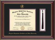 Image of Virginia Tech Diploma Frame - Cherry Lacquer - w/Embossed VT Seal & Name - Tassel Holder - Black on Maroon mat