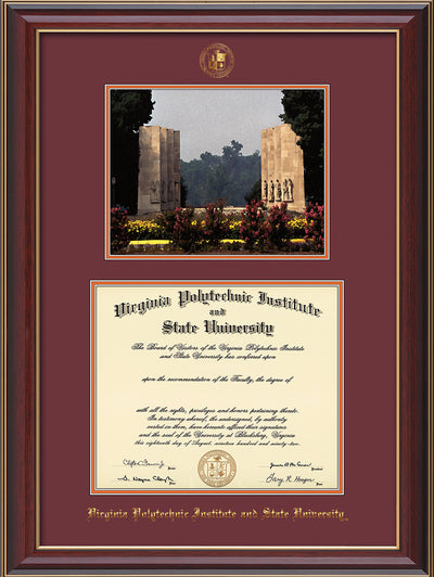 Image of Virginia Tech Diploma Frame - Cherry Lacquer - w/Embossed VT Seal & Name - w/War Memorial Campus Watercolor - Maroon on Orange mat
