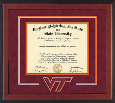 Image of Virginia Tech Diploma Frame - Cherry Reverse - w/3D Laser VT Logo Cutout - Maroon Suede on Orange mat