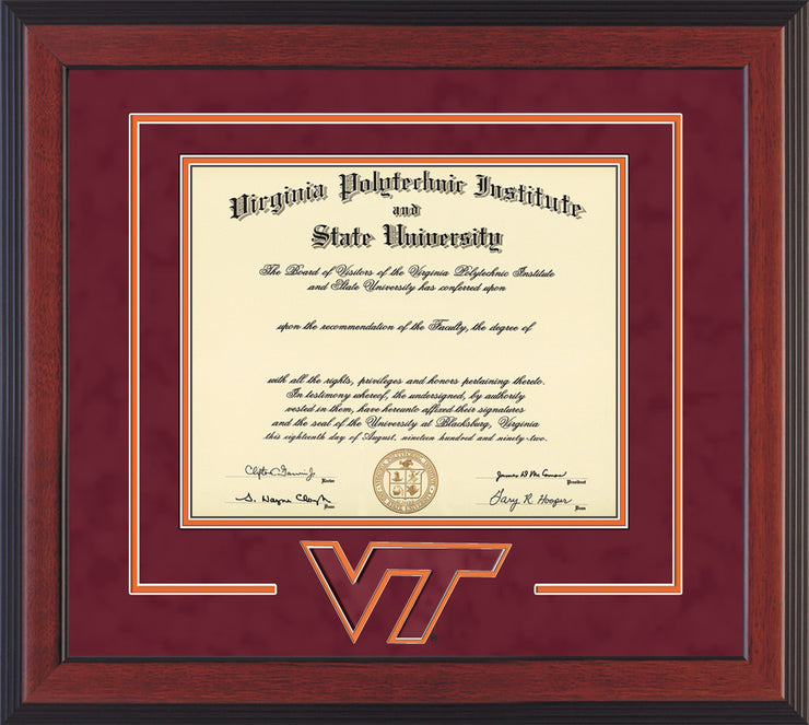 Image of Virginia Tech Diploma Frame - Cherry Reverse - w/3D Laser VT Logo Cutout - Maroon Suede on Orange mat