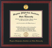 Image of Virginia Tech Diploma Frame - Cherry Reverse - w/24k Gold-Plated Medallion VT Name Embossing - Black on Maroon mats