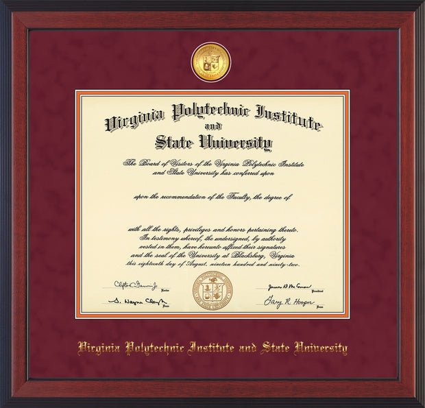 Image of Virginia Tech Diploma Frame - Cherry Reverse - w/24k Gold-Plated Medallion VT Name Embossing - Maroon Suede on Orange mats