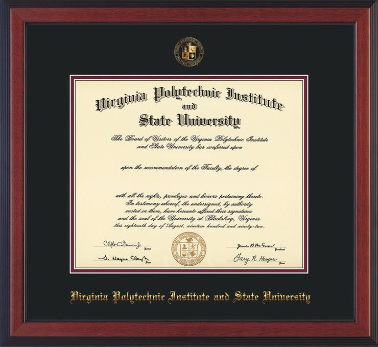 Image of Virginia Tech Diploma Frame - Cherry Reverse - w/Embossed VT Seal & Name - Black on Maroon mat