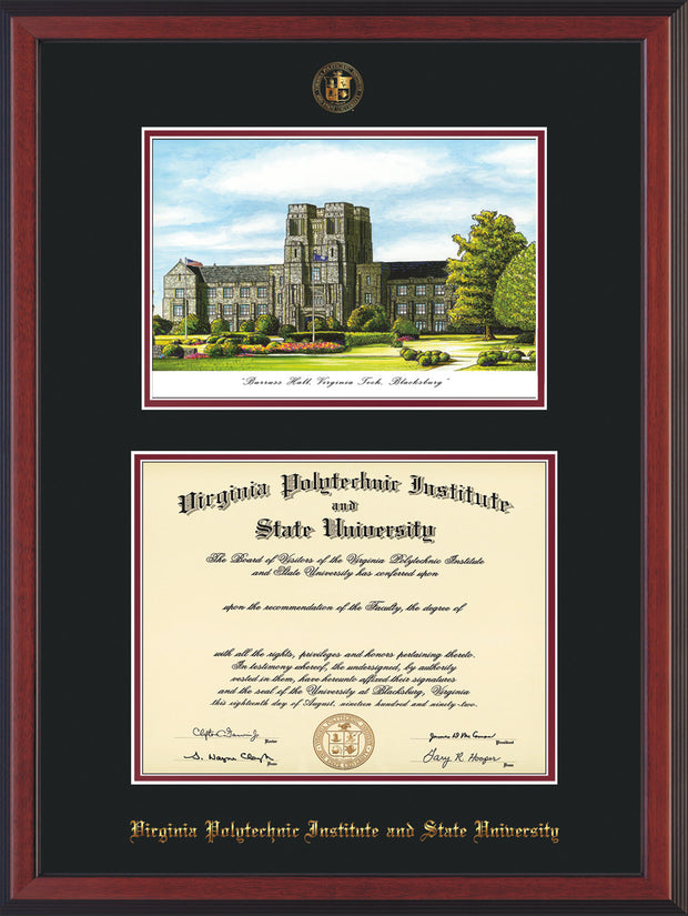 Image of Virginia Tech Diploma Frame - Cherry Reverse - w/Embossed VT Seal & Name - w/Burruss Hall Campus Watercolor - Black on Maroon mat
