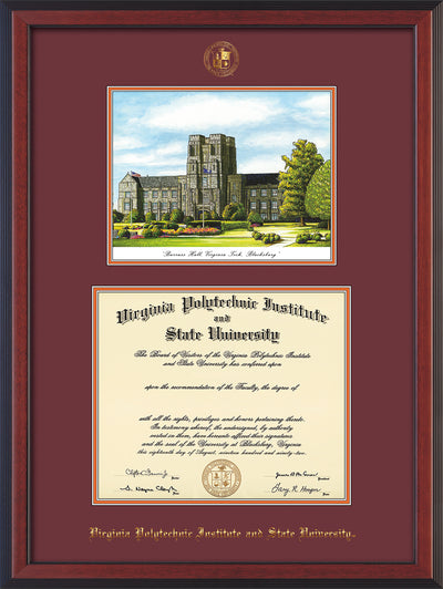 Image of Virginia Tech Diploma Frame - Cherry Reverse - w/Embossed VT Seal & Name - w/Burruss Hall Campus Watercolor - Maroon on Orange mat