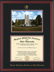 Image of Virginia Tech Diploma Frame - Cherry Reverse - w/Embossed VT Seal & Name - w/Burruss Memorial Campus Watercolor - Black on Maroon mat