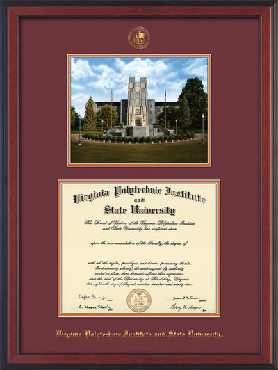 Image of Virginia Tech Diploma Frame - Cherry Reverse - w/Embossed VT Seal & Name - w/Burruss Memorial Campus Watercolor - Maroon on Orange mat