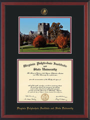 Image of Virginia Tech Diploma Frame - Cherry Reverse - w/Embossed VT Seal & Name - w/Fall Burruss Campus Watercolor - Black on Maroon mat