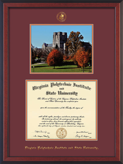 Image of Virginia Tech Diploma Frame - Cherry Reverse - w/Embossed VT Seal & Name - w/Fall Burruss Campus Watercolor - Maroon on Orange mat