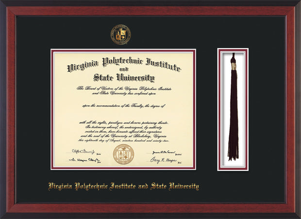 Image of Virginia Tech Diploma Frame - Cherry Reverse - w/Embossed VT Seal & Name - Tassel Holder - Black on Maroon mat