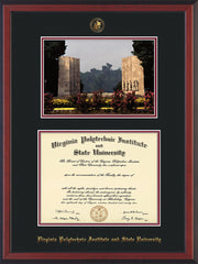 Image of Virginia Tech Diploma Frame - Cherry Reverse - w/Embossed VT Seal & Name - w/War Memorial Campus Watercolor - Black on Maroon mat