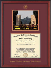 Image of Virginia Tech Diploma Frame - Cherry Reverse - w/Embossed VT Seal & Name - w/War Memorial Campus Watercolor - Maroon on Orange mat