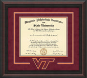 Image of Virginia Tech Diploma Frame - Mahogany Braid - w/3D Laser VT Logo Cutout - Maroon Suede on Orange mat