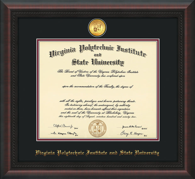 Image of Virginia Tech Diploma Frame - Mahogany Braid - w/24k Gold-Plated Medallion VT Name Embossing - Black on Maroon mats