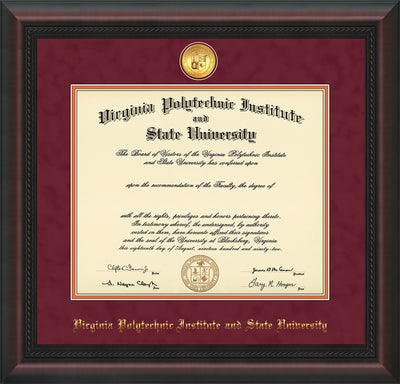 Image of Virginia Tech Diploma Frame - Mahogany Braid - w/24k Gold-Plated Medallion VT Name Embossing - Maroon Suede on Orange mats