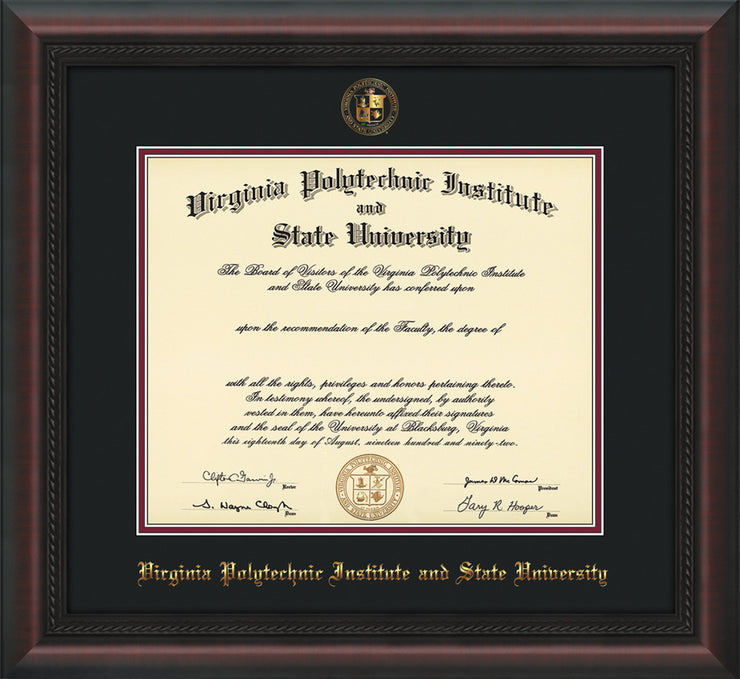 Image of Virginia Tech Diploma Frame - Mahogany Braid - w/Embossed VT Seal & Name - Black on Maroon mat