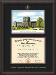 Image of Virginia Tech Diploma Frame - Mahogany Braid - w/Embossed VT Seal & Name - w/Burruss Hall Campus Watercolor - Black on Maroon mat