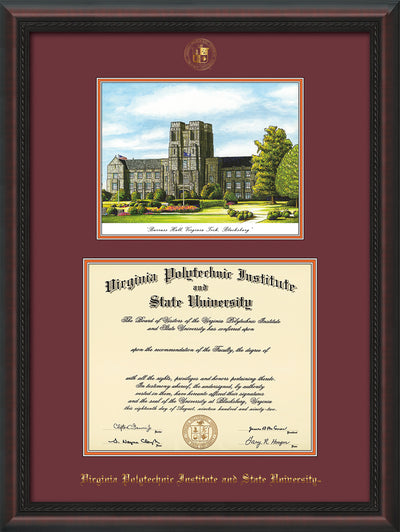 Image of Virginia Tech Diploma Frame - Mahogany Braid - w/Embossed VT Seal & Name - w/Burruss Hall Campus Watercolor - Maroon on Orange mat