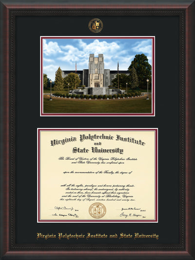 Image of Virginia Tech Diploma Frame - Mahogany Braid - w/Embossed VT Seal & Name - w/Burruss Memorial Campus Watercolor - Black on Maroon mat