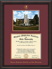 Image of Virginia Tech Diploma Frame - Mahogany Braid - w/Embossed VT Seal & Name - w/Burruss Memorial Campus Watercolor - Maroon on Orange mat
