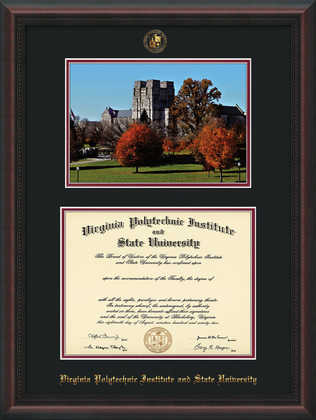 Image of Virginia Tech Diploma Frame - Mahogany Braid - w/Embossed VT Seal & Name - w/Fall Burruss Campus Watercolor - Black on Maroon mat