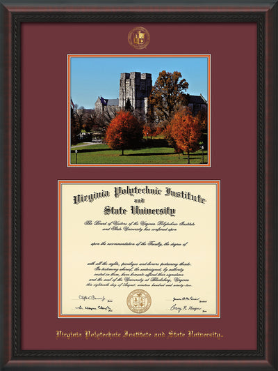 Image of Virginia Tech Diploma Frame - Mahogany Braid - w/Embossed VT Seal & Name - w/Fall Burruss Campus Watercolor - Maroon on Orange mat