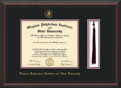 Image of Virginia Tech Diploma Frame - Mahogany Braid - w/Embossed VT Seal & Name - Tassel Holder - Black on Maroon mat