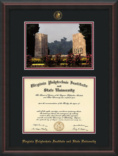 Image of Virginia Tech Diploma Frame - Mahogany Braid - w/Embossed VT Seal & Name - w/War Memorial Campus Watercolor - Black on Maroon mat