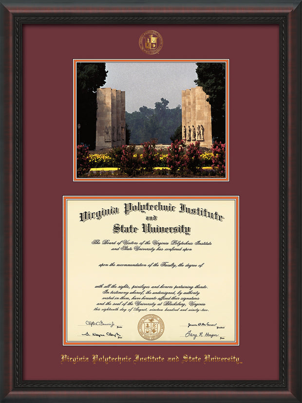 Image of Virginia Tech Diploma Frame - Mahogany Braid - w/Embossed VT Seal & Name - w/War Memorial Campus Watercolor - Maroon on Orange mat