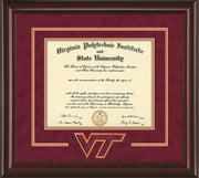 Image of Virginia Tech Diploma Frame - Mahogany Lacquer - w/3D Laser VT Logo Cutout - Maroon Suede on Orange mat