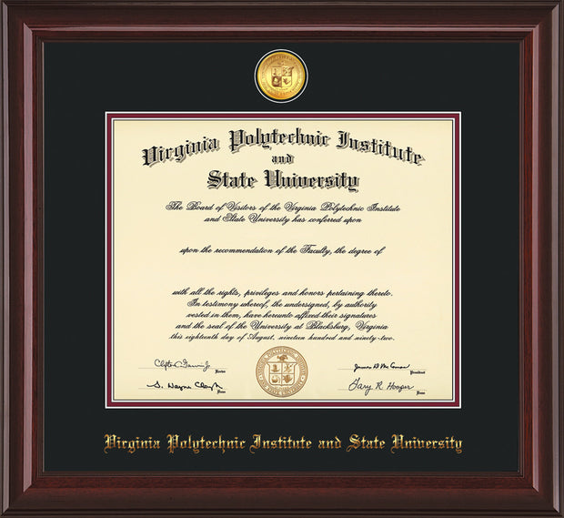 Image of Virginia Tech Diploma Frame - Mahogany Lacquer - w/24k Gold-Plated Medallion VT Name Embossing - Black on Maroon mats