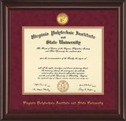 Image of Virginia Tech Diploma Frame - Mahogany Lacquer - w/24k Gold-Plated Medallion VT Name Embossing - Maroon Suede on Orange mats