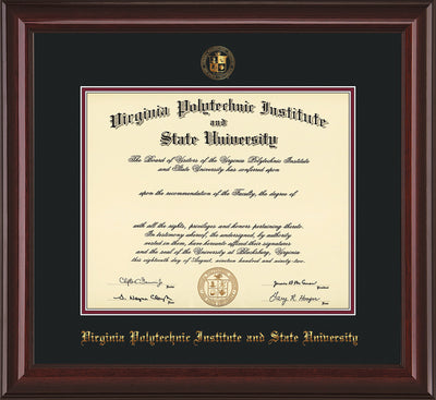 Image of Virginia Tech Diploma Frame - Mahogany Lacquer - w/Embossed VT Seal & Name - Black on Maroon mat
