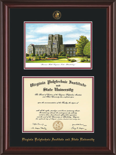 Image of Virginia Tech Diploma Frame - Mahogany Lacquer - w/Embossed VT Seal & Name - w/Burruss Hall Campus Watercolor - Black on Maroon mat