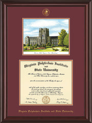 Image of Virginia Tech Diploma Frame - Mahogany Lacquer - w/Embossed VT Seal & Name - w/Burruss Hall Campus Watercolor - Maroon on Orange mat
