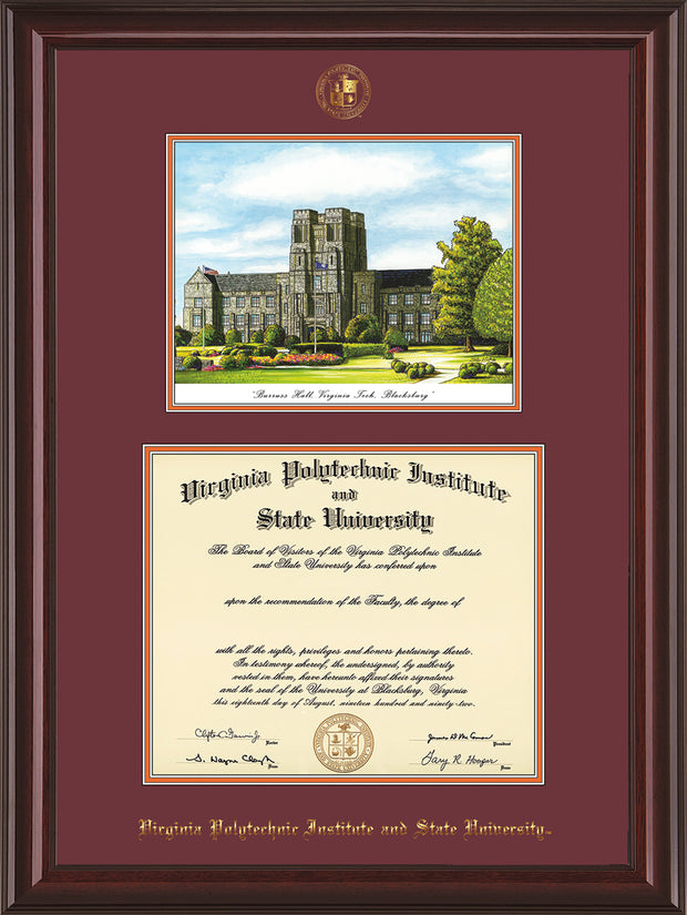 Image of Virginia Tech Diploma Frame - Mahogany Lacquer - w/Embossed VT Seal & Name - w/Burruss Hall Campus Watercolor - Maroon on Orange mat