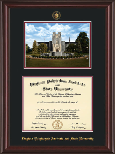 Image of Virginia Tech Diploma Frame - Mahogany Lacquer - w/Embossed VT Seal & Name - w/Burruss Memorial Campus Watercolor - Black on Maroon mat