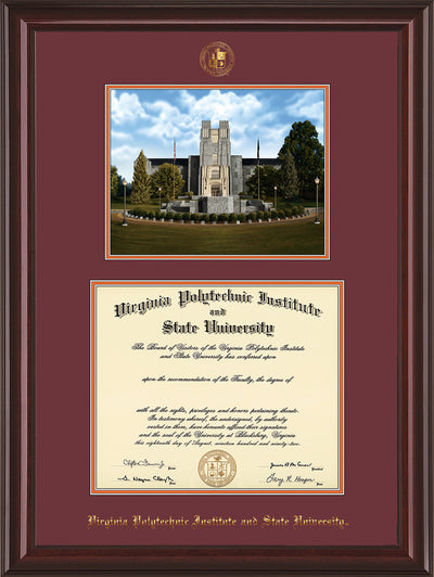 Image of Virginia Tech Diploma Frame - Mahogany Lacquer - w/Embossed VT Seal & Name - w/Burruss Memorial Campus Watercolor - Maroon on Orange mat