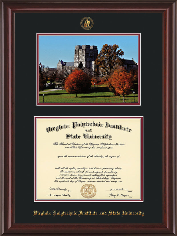 Image of Virginia Tech Diploma Frame - Mahogany Lacquer - w/Embossed VT Seal & Name - w/Fall Burruss Campus Watercolor - Black on Maroon mat