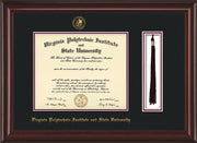 Image of Virginia Tech Diploma Frame - Mahogany Lacquer - w/Embossed VT Seal & Name - Tassel Holder - Black on Maroon mat
