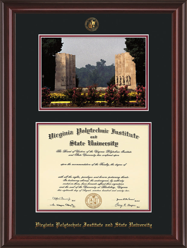 Image of Virginia Tech Diploma Frame - Mahogany Lacquer - w/Embossed VT Seal & Name - w/War Memorial Campus Watercolor - Black on Maroon mat