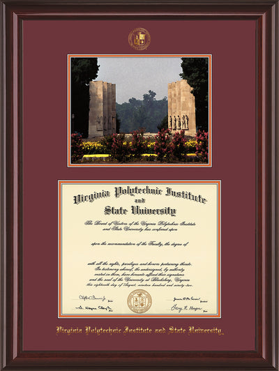 Image of Virginia Tech Diploma Frame - Mahogany Lacquer - w/Embossed VT Seal & Name - w/War Memorial Campus Watercolor - Maroon on Orange mat