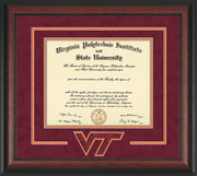 Image of Virginia Tech Diploma Frame - Rosewood - w/3D Laser VT Logo Cutout - Maroon Suede on Orange mat