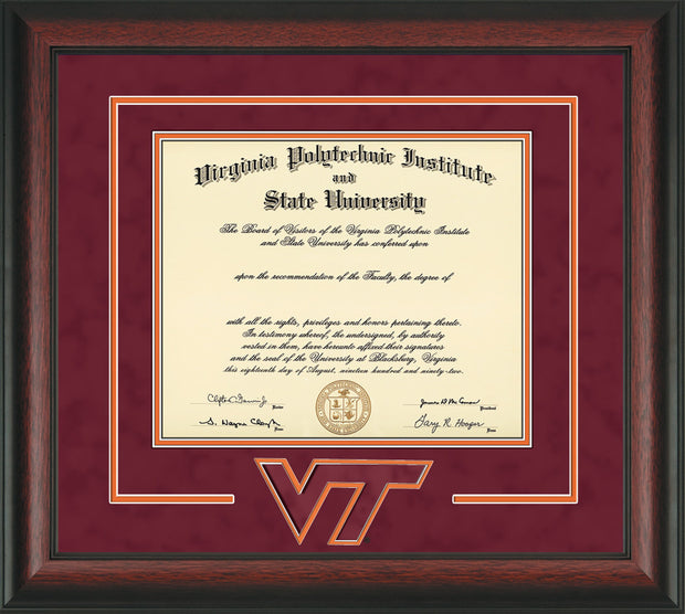 Image of Virginia Tech Diploma Frame - Rosewood - w/3D Laser VT Logo Cutout - Maroon Suede on Orange mat